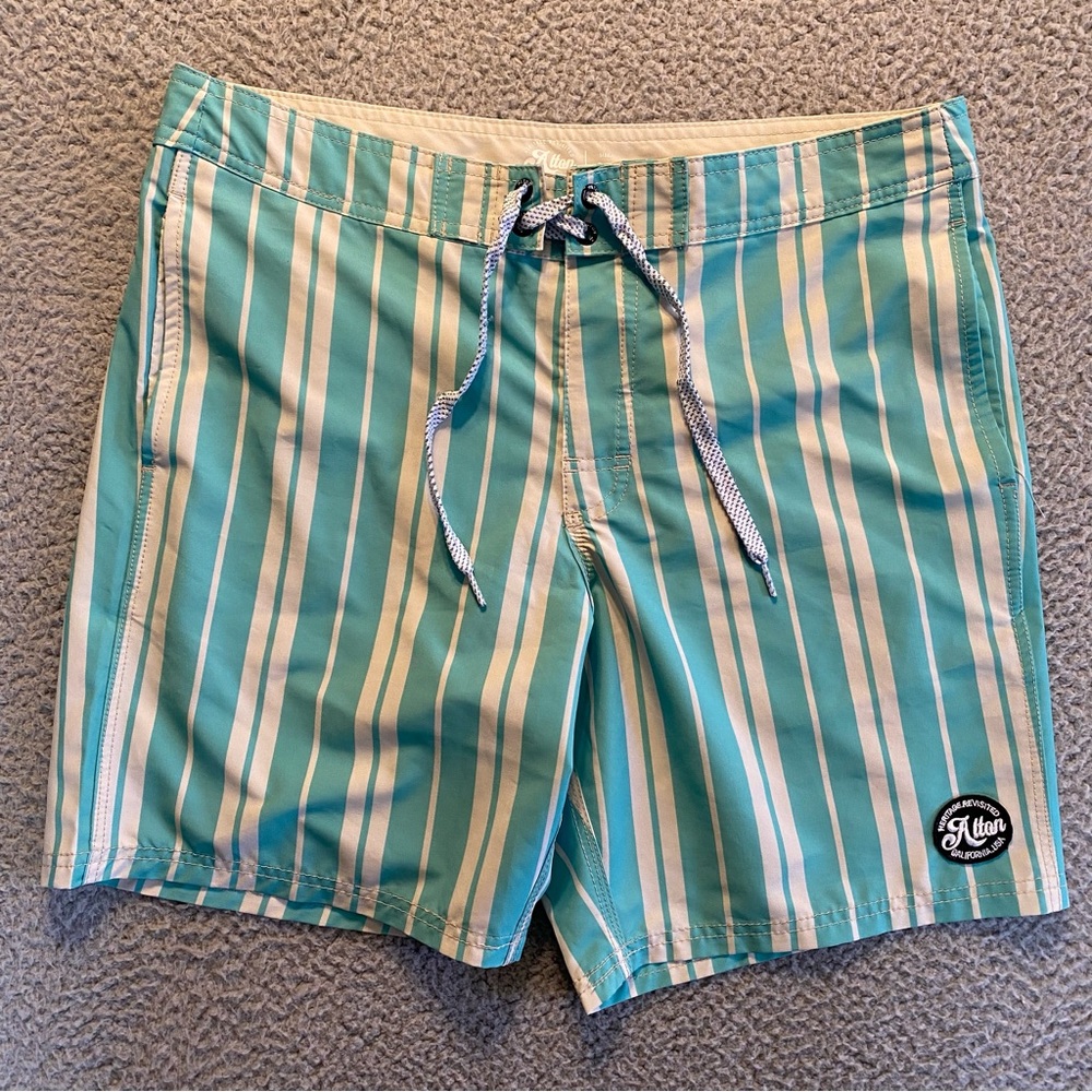 Alton Striped Drawstring Beige/Turquoise Swim Board Trunks w/ Pockets Men's 34
